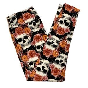 LuLaRoe Halloween Candy Skull Floral Orange Black Leggings OS Size 2-10 Comfy